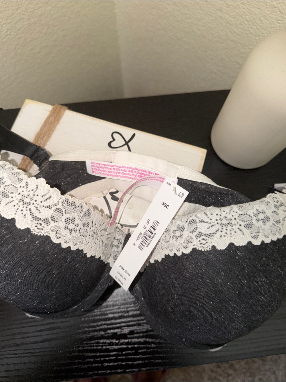 Victoria's Secret Dark Gray T-Shirt Bra with White Lace Trim